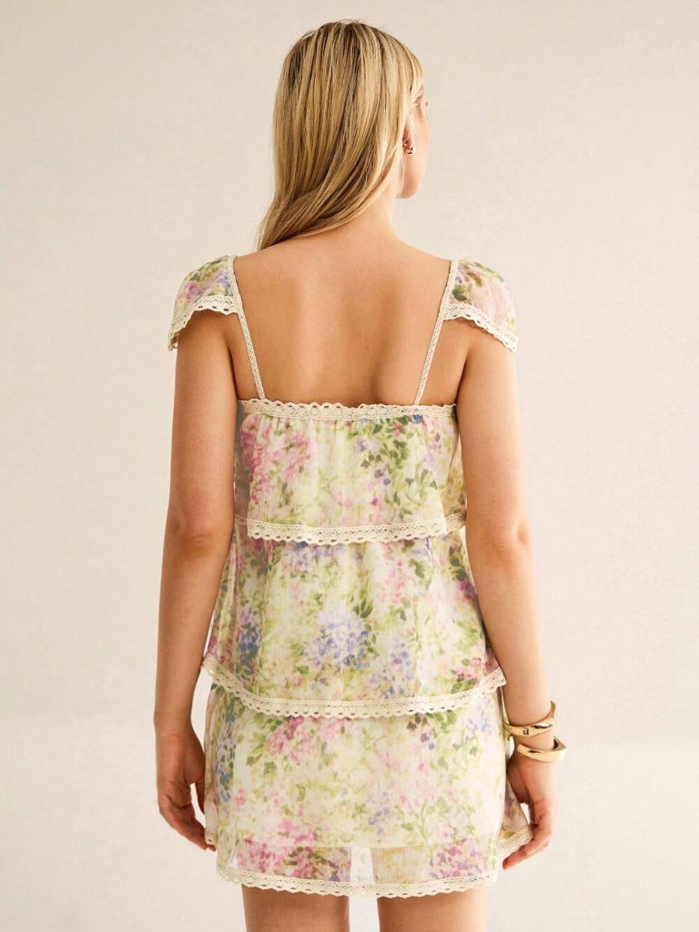 Multicolor Boho Women's Floral Print Lace Patchwork Lace Trim Ruffle Mini Dress - Picture 2 of 7
